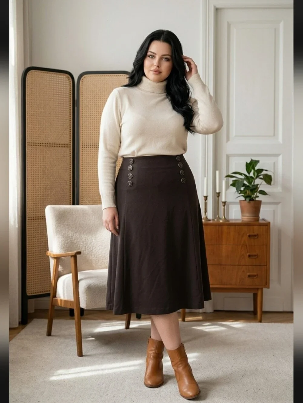 New York & Co High-Waist Dark Brown A-Line Midi Skirt with Button Detail - Picture 2 of 8